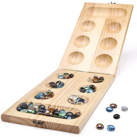 Close-up of AMEROUS glass stones on the Mancala board