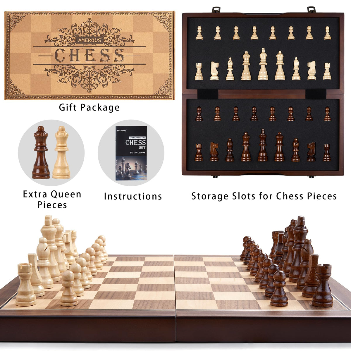 AMEROUS portable chess set ideal for travel, picnics, and family gatherings.