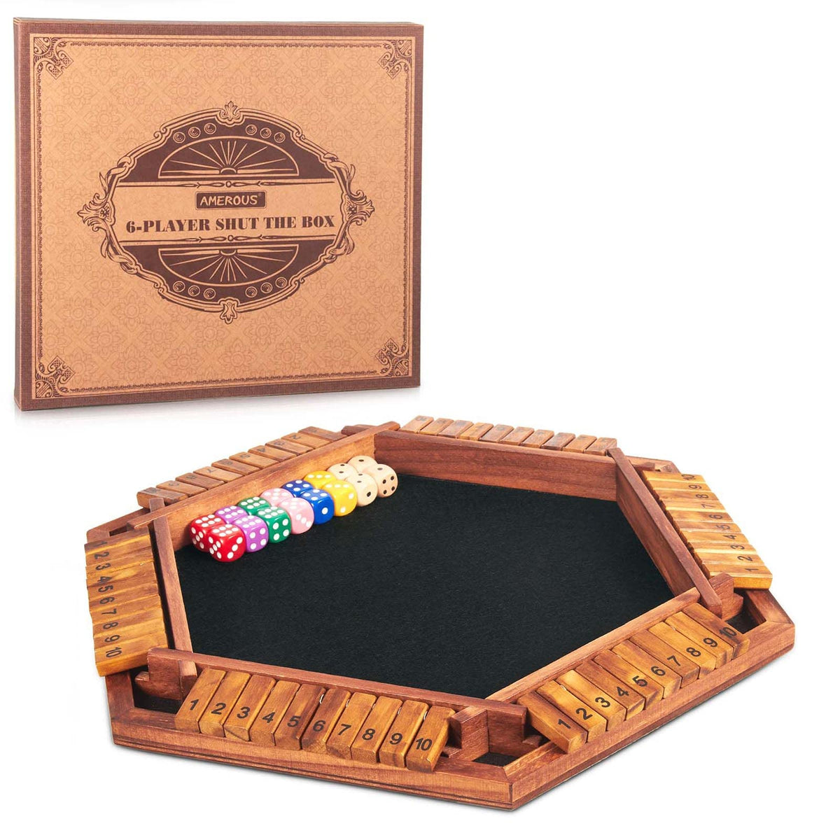 AMEROUS Shut The Box upgraded wooden board for family game night and tactile play.