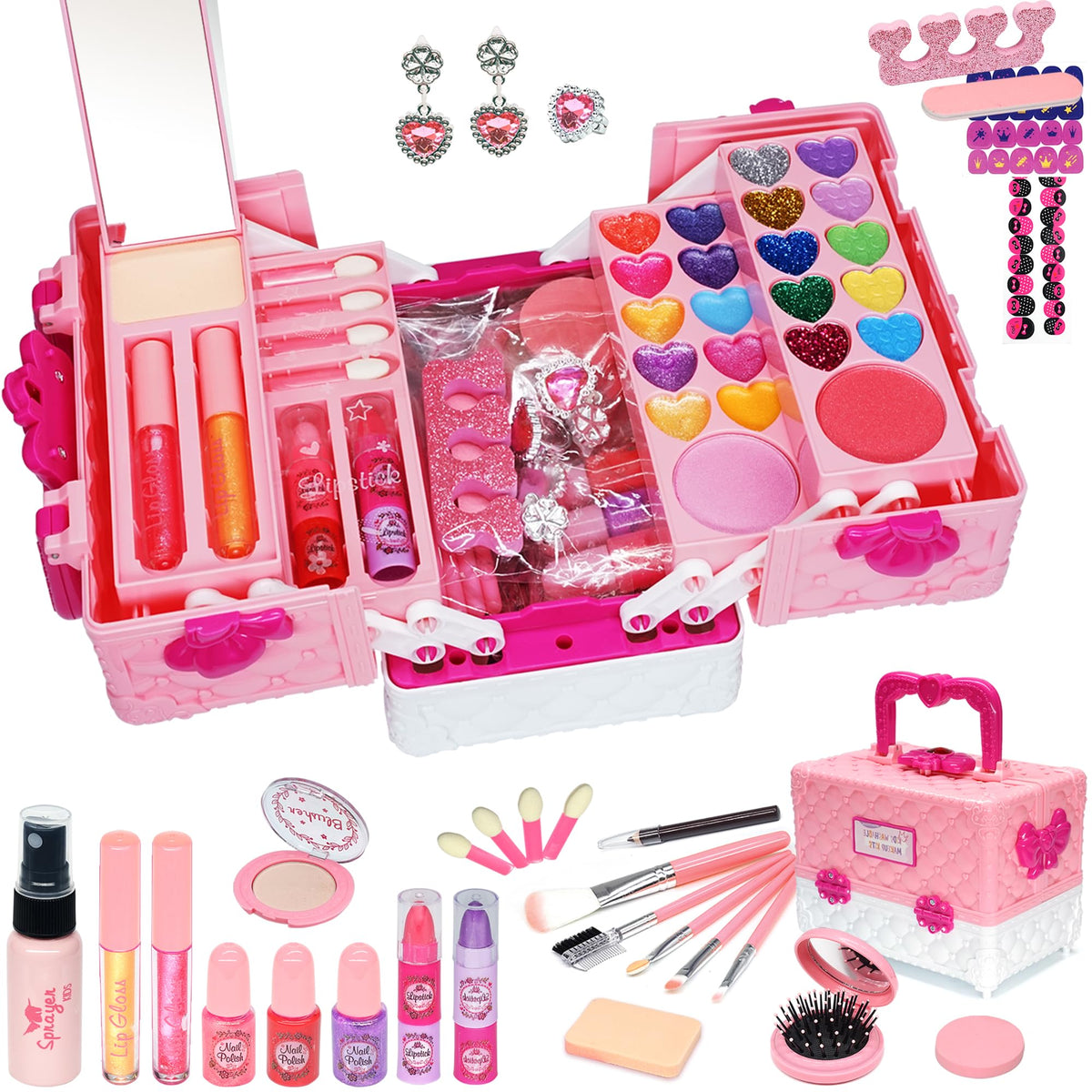 Amerrly kids makeup case open showing pink case and 54 pieces for creative play