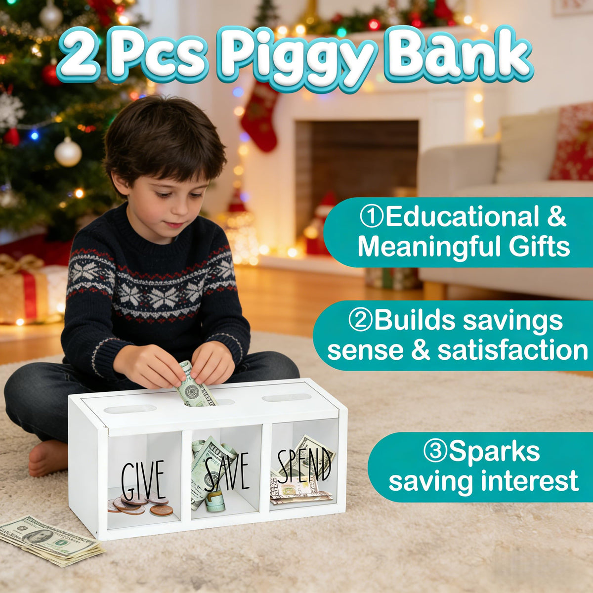 Three labeled compartments Save, Spend, Give for Ameuphercy bank set