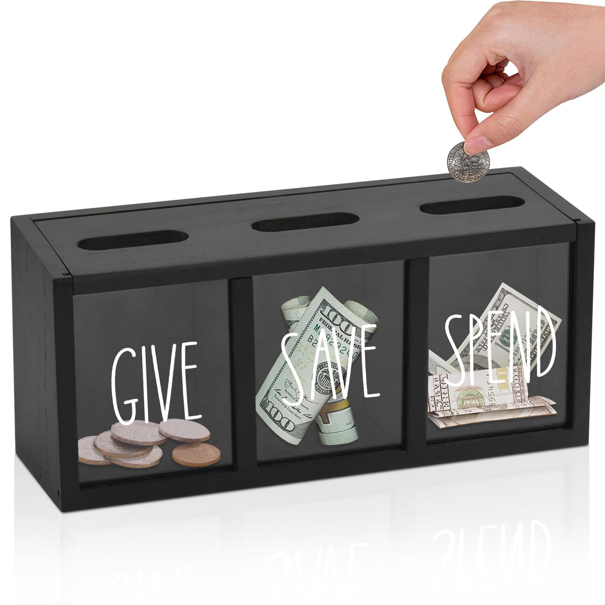 Ameuphercy wooden Give Save Spend piggy bank front view with visible coins and bills.