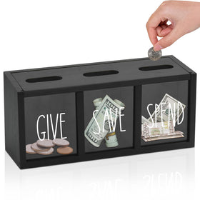 Ameuphercy wooden Give Save Spend piggy bank front view with visible coins and bills.
