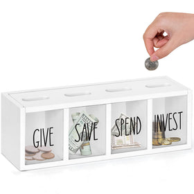Ameuphercy wooden Give Save Spend piggy bank front visual shows coins inside
