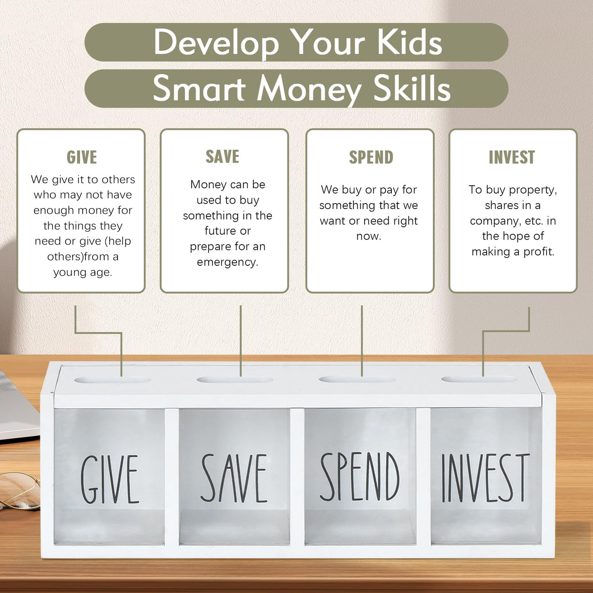 Ameuphercy front text GIVE SAVE SPEND on stylish box