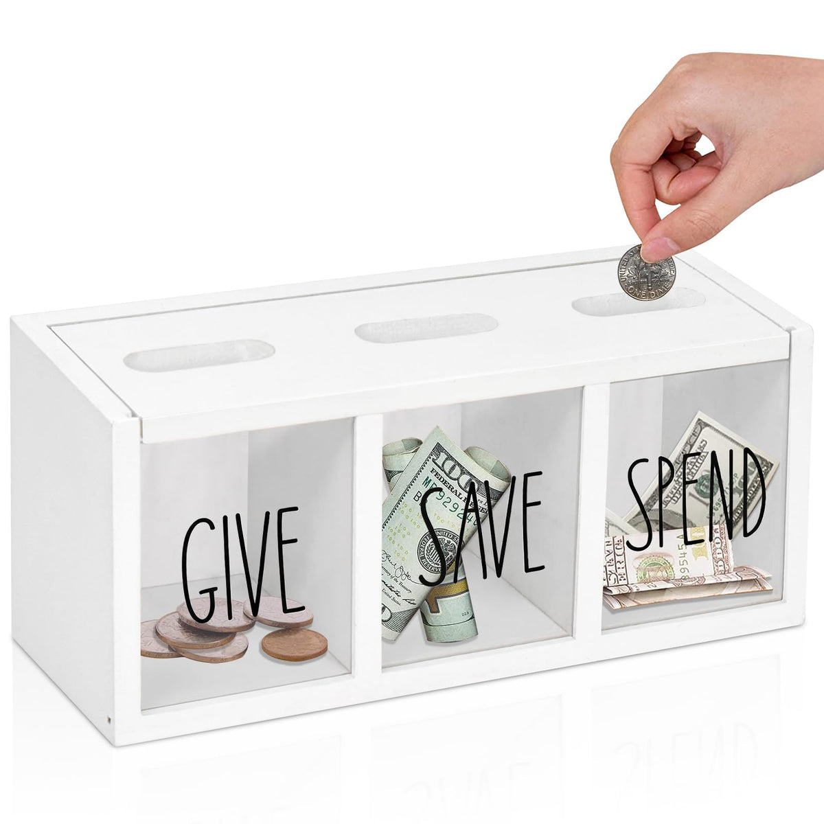 Ameuphercy wooden piggy bank front visual shows coins clearly for quick saving awareness.