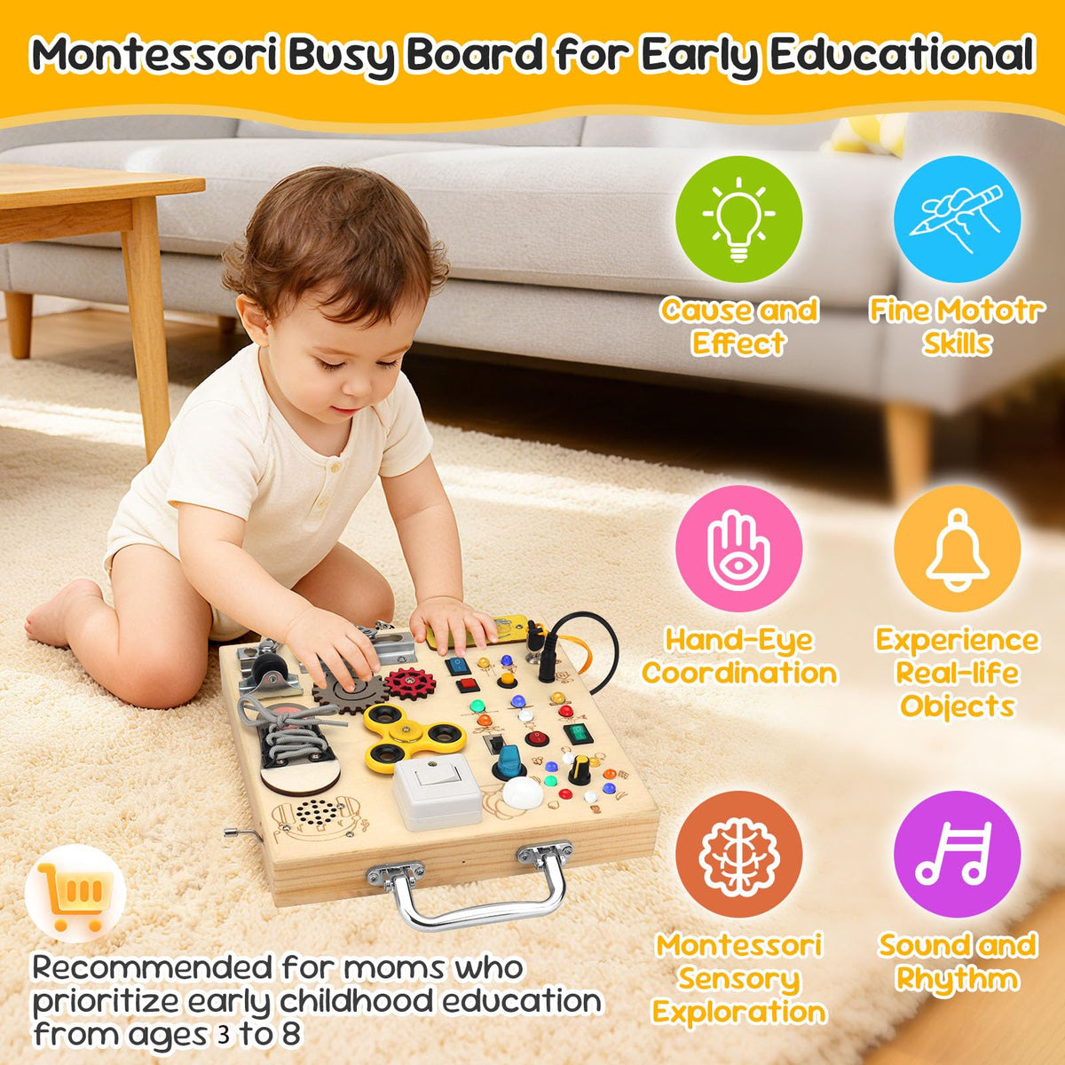 AMGAMGTS wooden busy board with buttons and gears close-up for fine-motor play