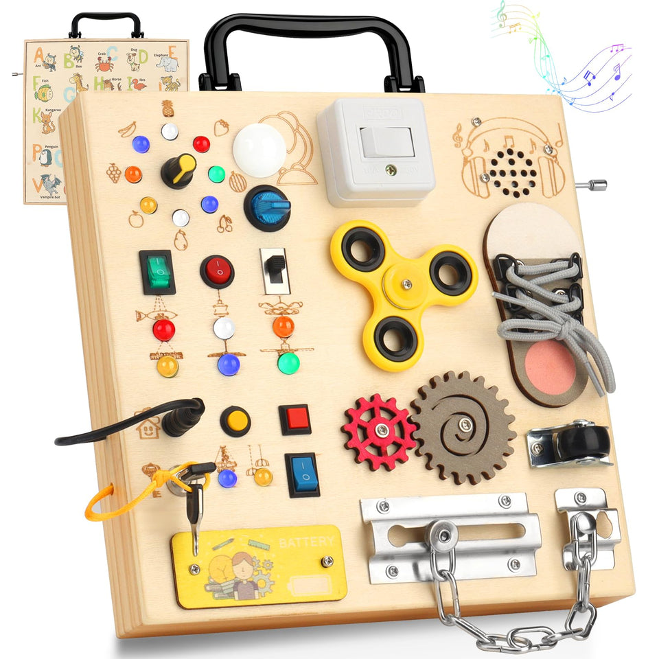 AMGAMGTS Wooden Busy Board with LED light front view, engaging early learning activity