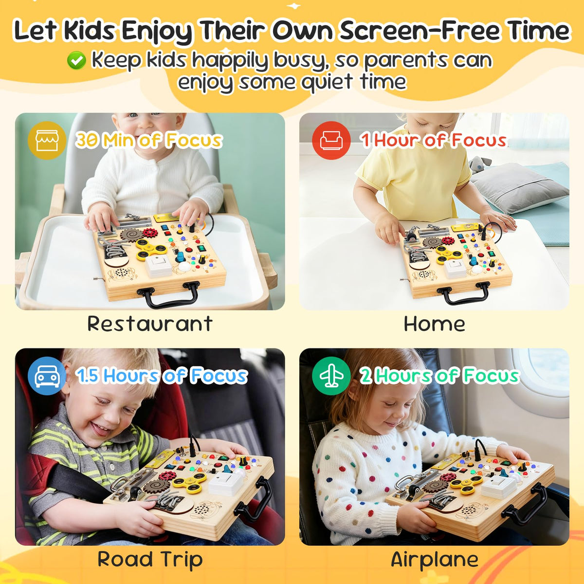 AMGAMGTS Montessori-inspired activity board showcasing varied activities for curious toddlers