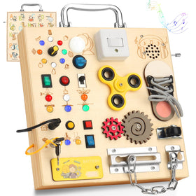 AMGAMGTS wooden busy board LED light closeup for engaging toddler play
