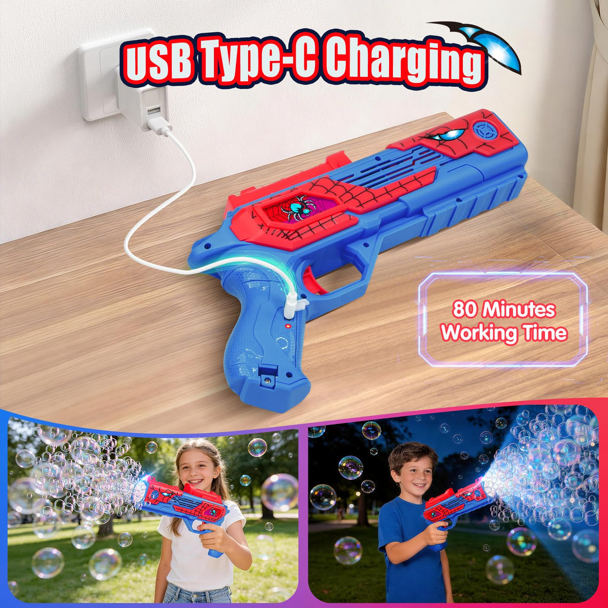Amiabling bubble gun side shot with refill bottles for continuous fun