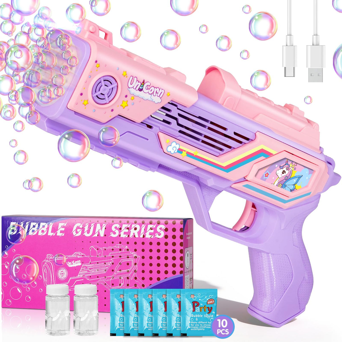 Amiabling rechargeable unicorn bubble gun front view for outdoor play and magical moments.