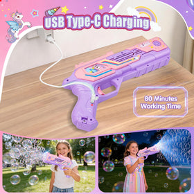 Amiabling unicorn bubble gun side view with refill bottles ready for on-the-go fun.