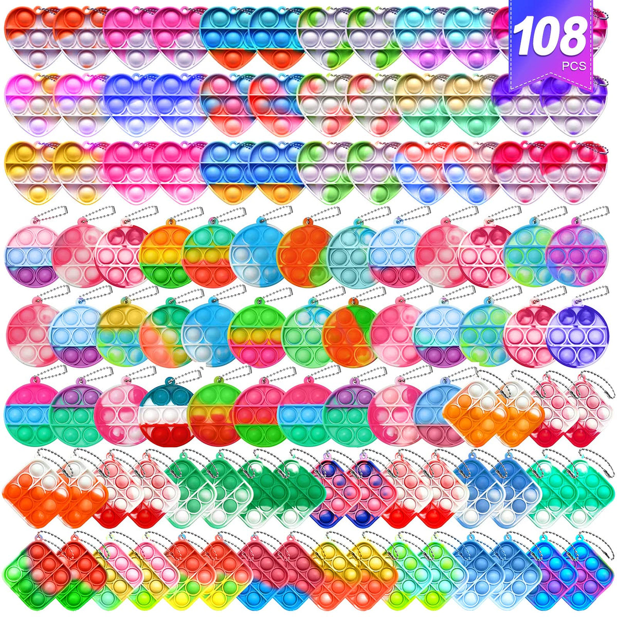 amicbng 108pcs mini pop keychain triple-shape for kid party favors and sensory play.