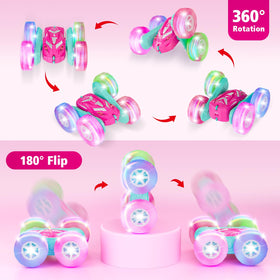 Amicool RC car performs 360° flips with double-sided racing for kid-friendly fun.