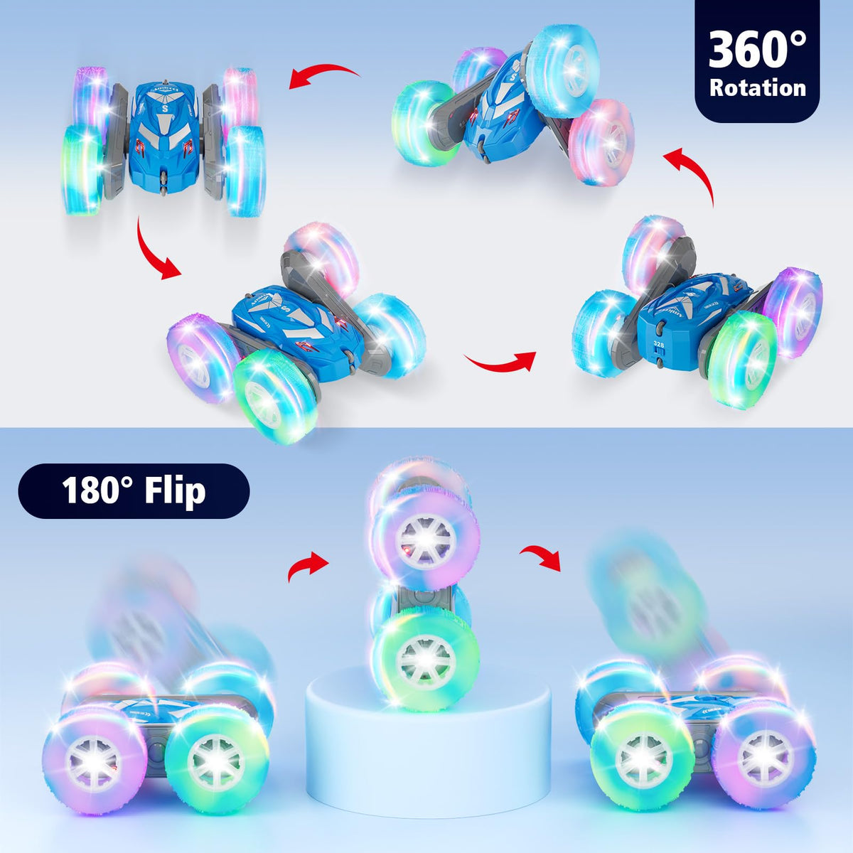 Amicool RC car features 360-degree flip with double-sided design for dynamic stunts.