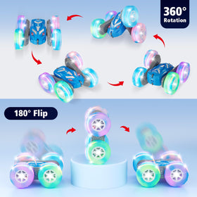 Amicool RC car features 360-degree flip with double-sided design for dynamic stunts.