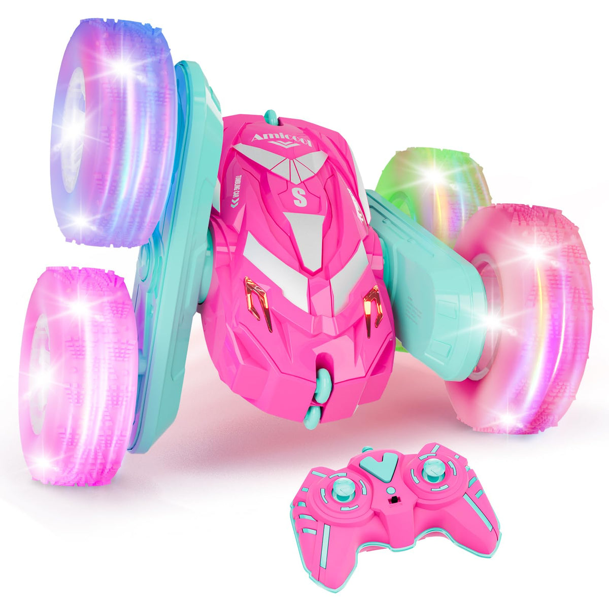 Amicool RC car with flashing wheel lights for night play and easy tracking.