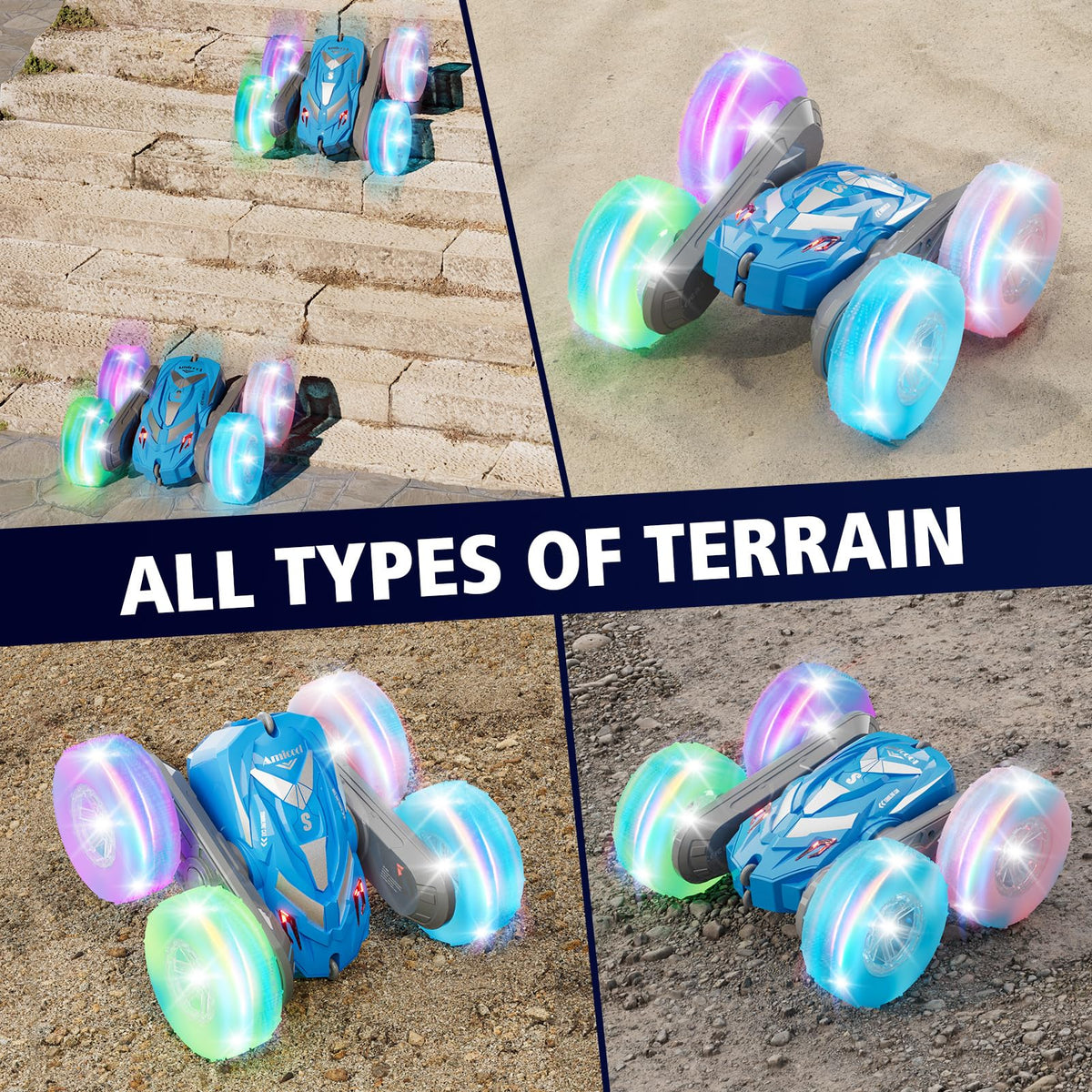 Amicool RC car with high-grip tires handles sand, grass, and carpet.
