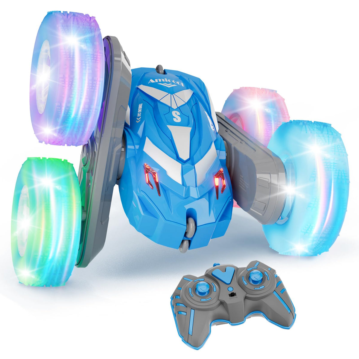 Amicool remote control car with flashing lights for night play and easy tracking.