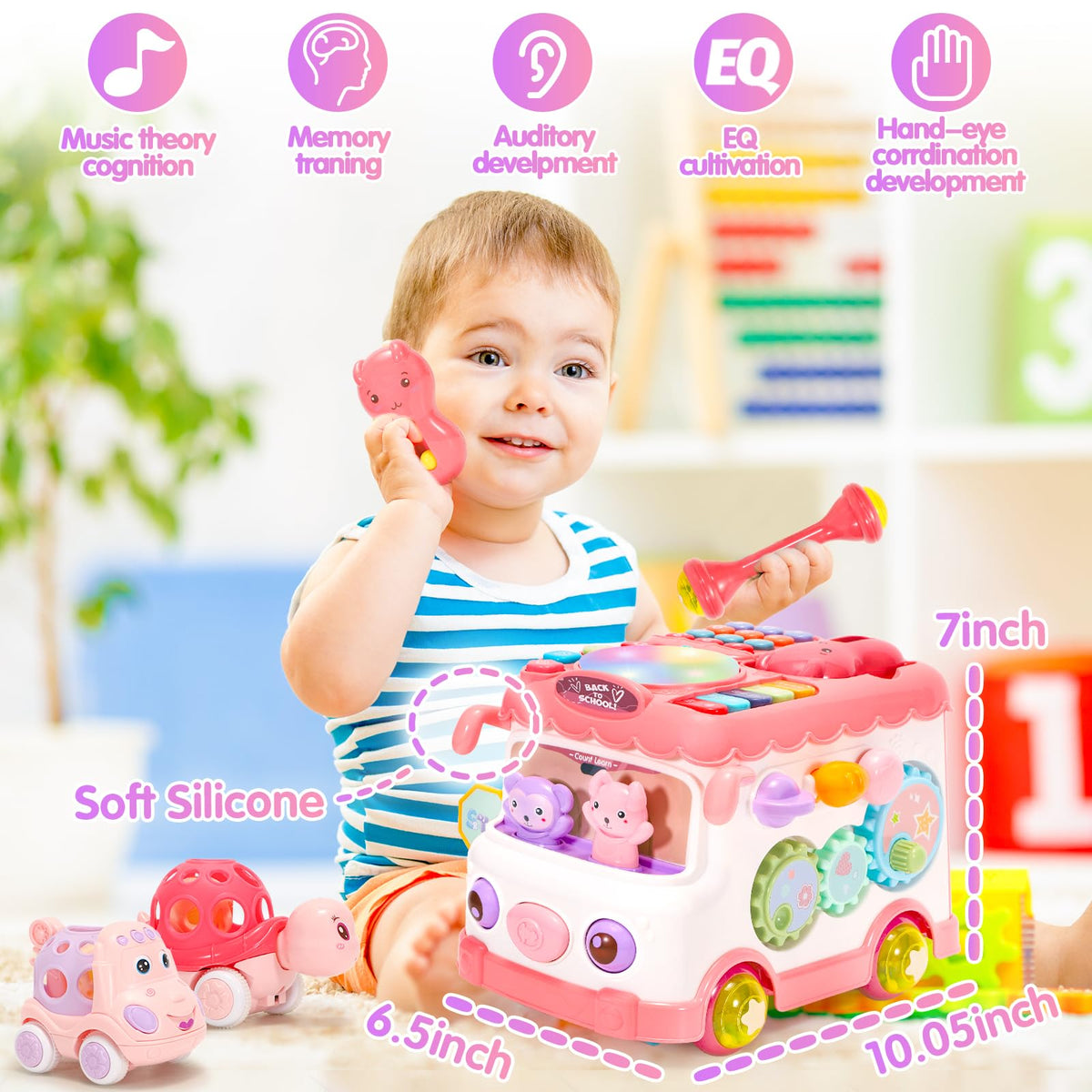 AmiDear two removable shaker sticks produce gentle sounds for auditory awareness during play.