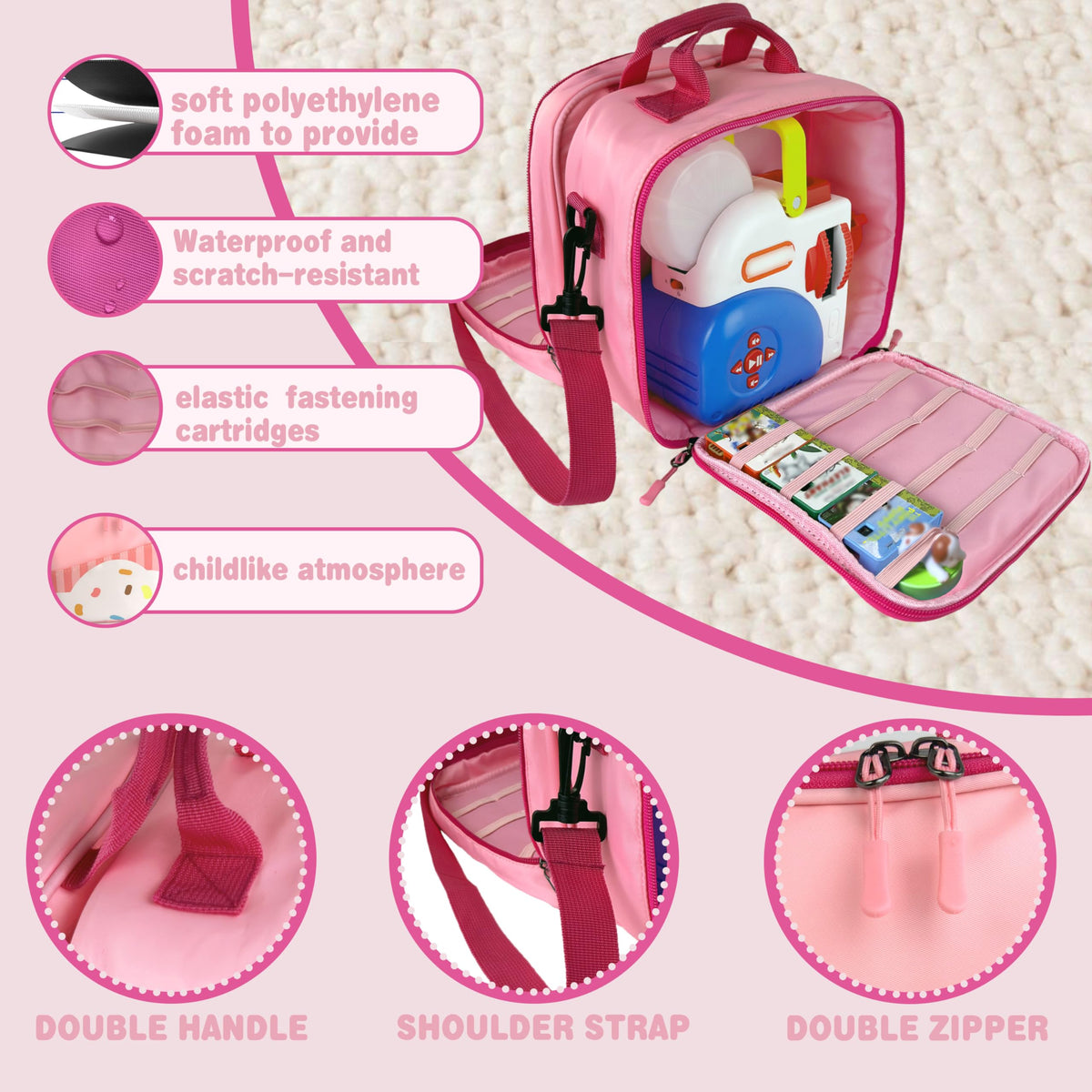 Amiumuca carrying case with handle and shoulder strap for flexible kid-friendly transport.