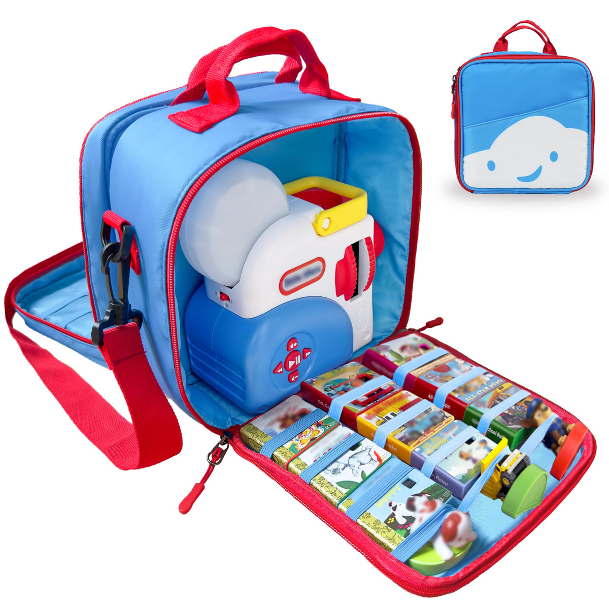 amiumuca carrying case for Little Tikes Story Dream Machine books showing organized storage on the go