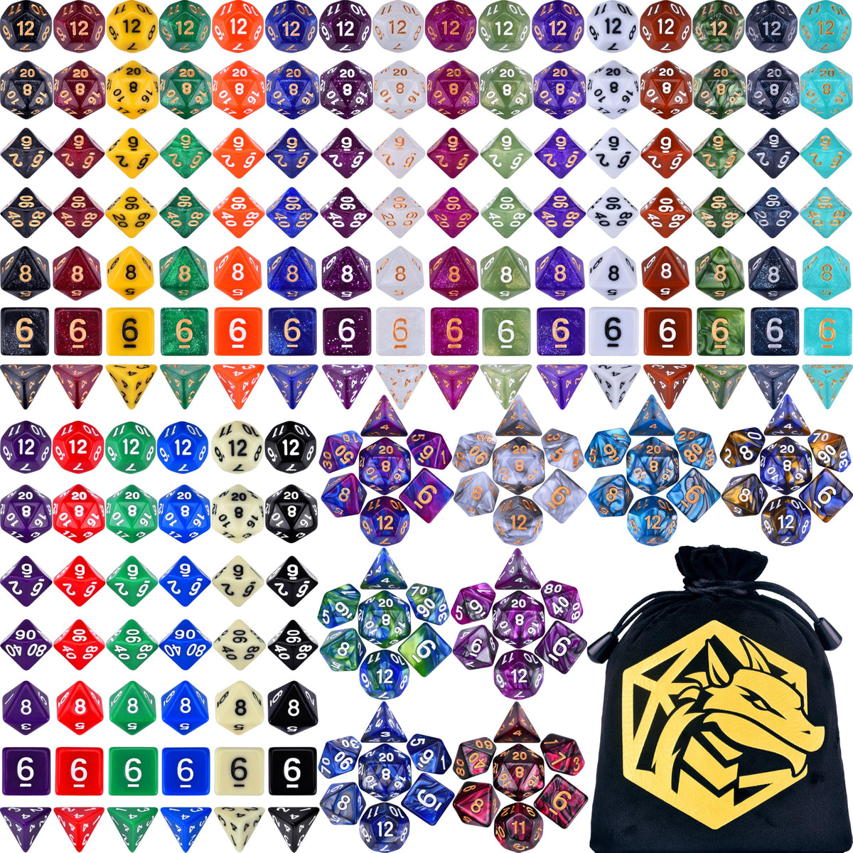 Amiven DND dice set bundle with dragon drawstring bag for easy transport during RPG sessions.