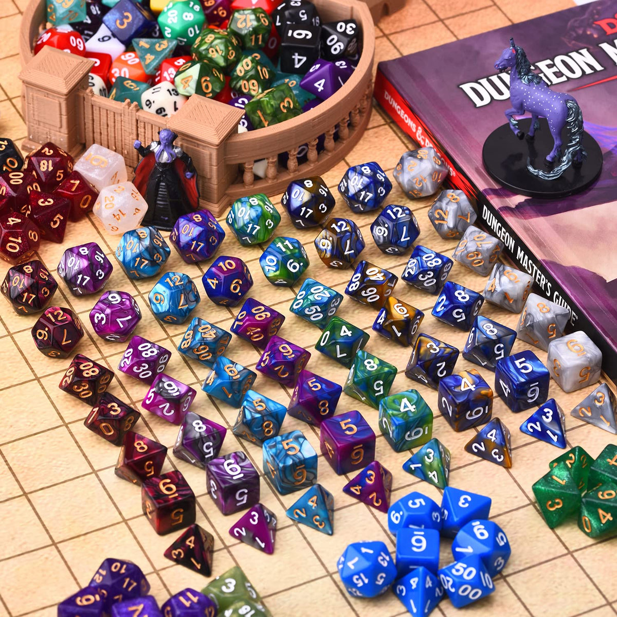 Amiven pearlescent swirl dice set with unique shimmering style for campaigns.