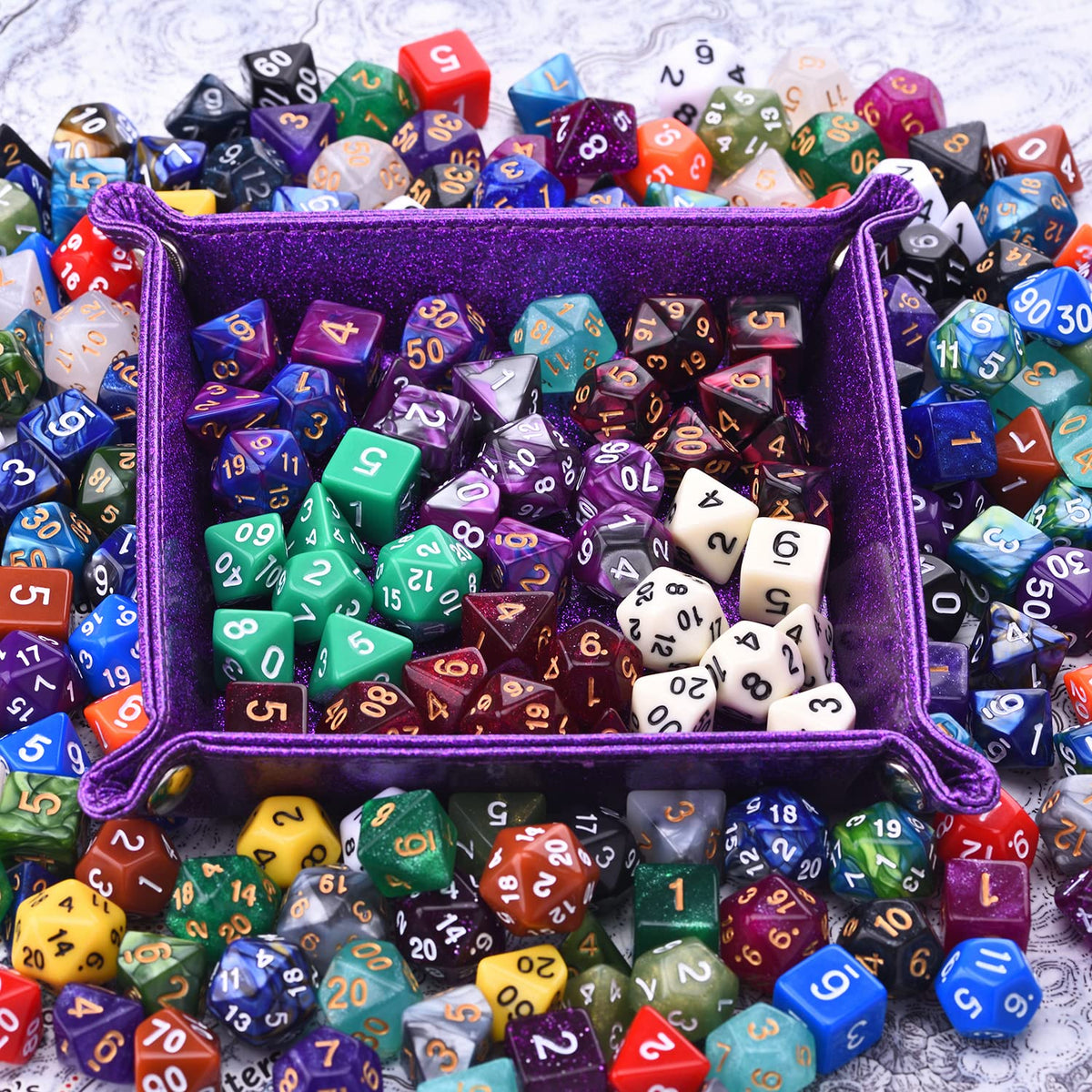 Amiven seven-dice set designed for quick, on-table RPG rolls.