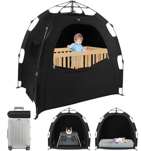 AMMER blackout tent for Pack N Play shows quick one-click setup for busy parents