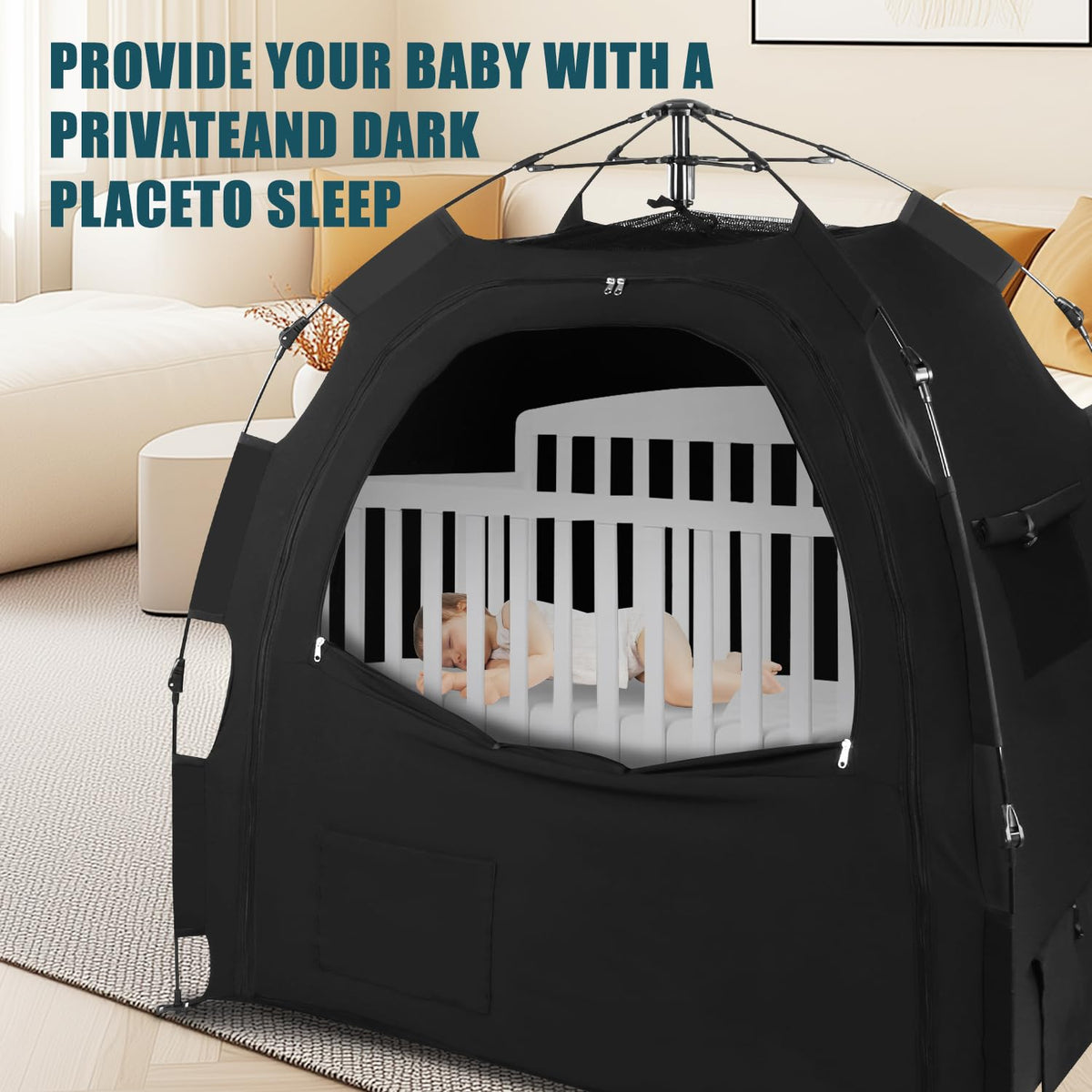AMMER mini crib cover with monitor pockets keeps essentials within reach