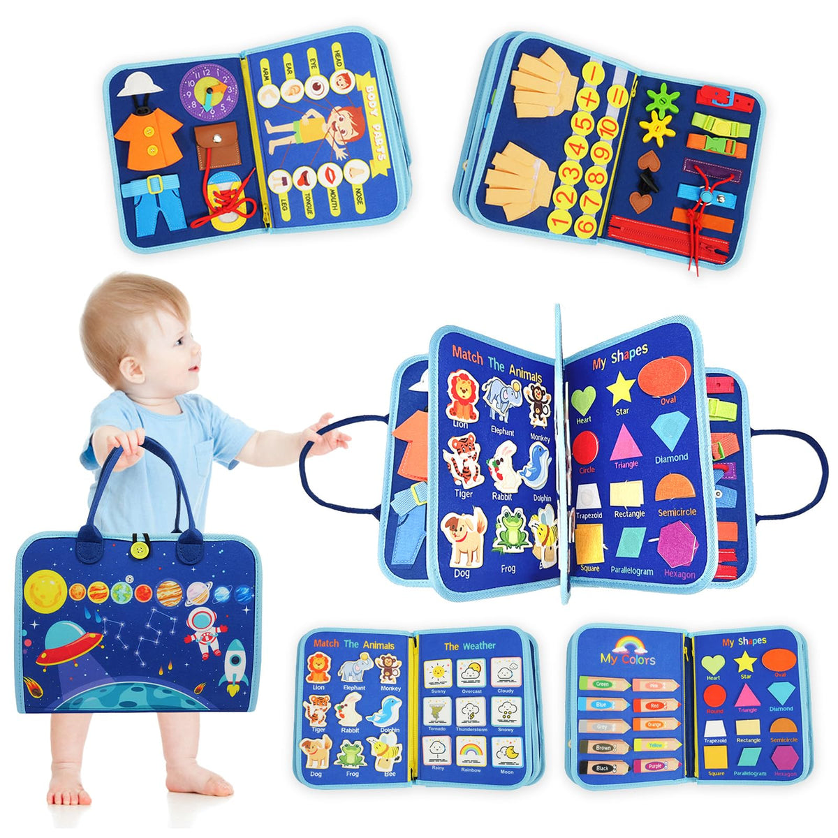 Amor Gift Busy Board 20-in-1 pages for focused toddler exploration and skill-building.