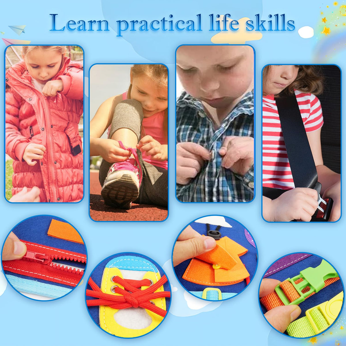 Amor Gift Busy Board includes clock and weather cards for cognitive recognition.