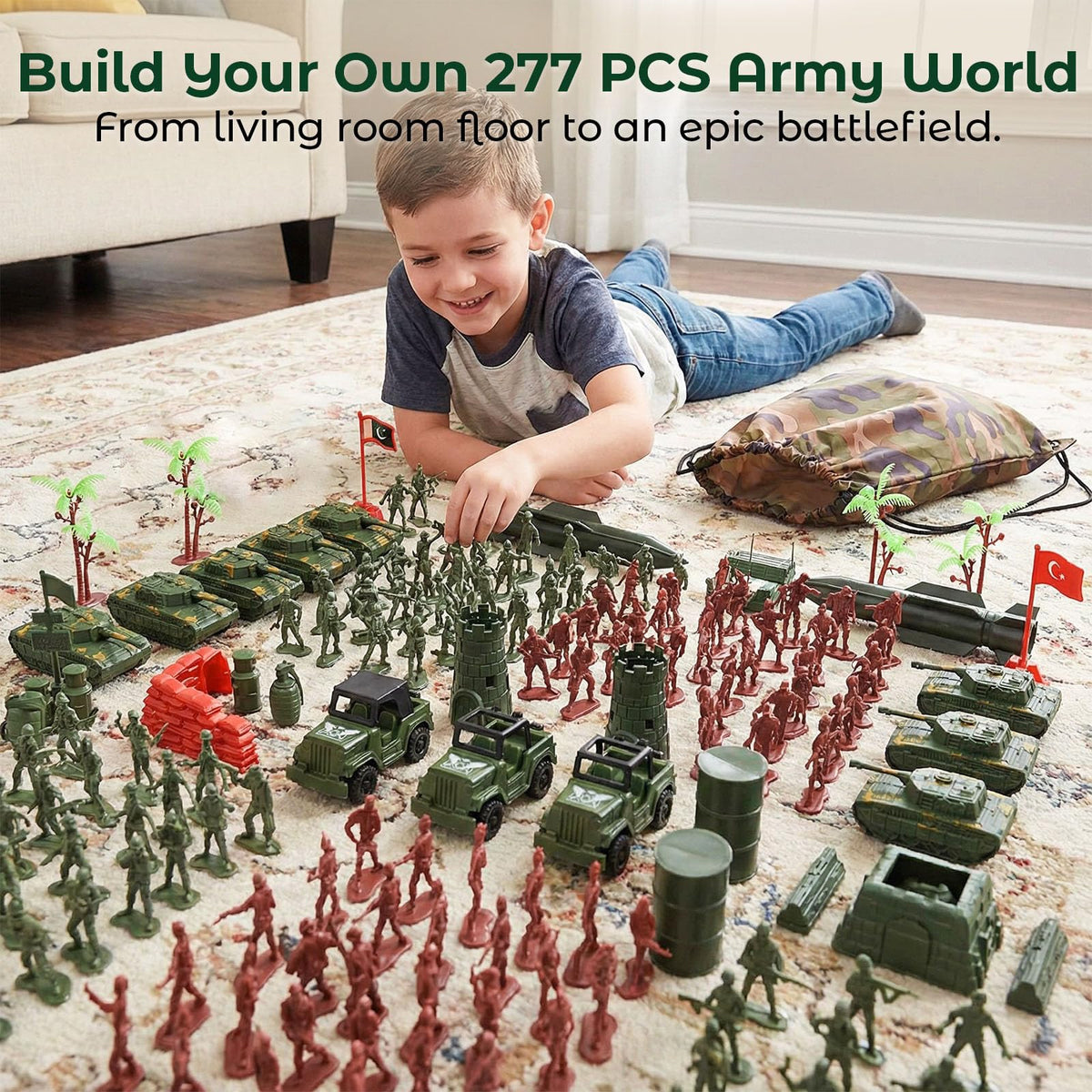 Green and red AMOR PRESENT troops with vehicles invite teamwork and strategy.