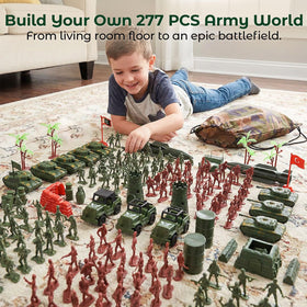 Green and red AMOR PRESENT troops with vehicles invite teamwork and strategy.