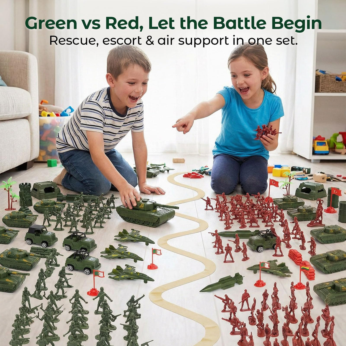 Bunkers, towers, and palm trees create reconfigurable battlefield scenes.