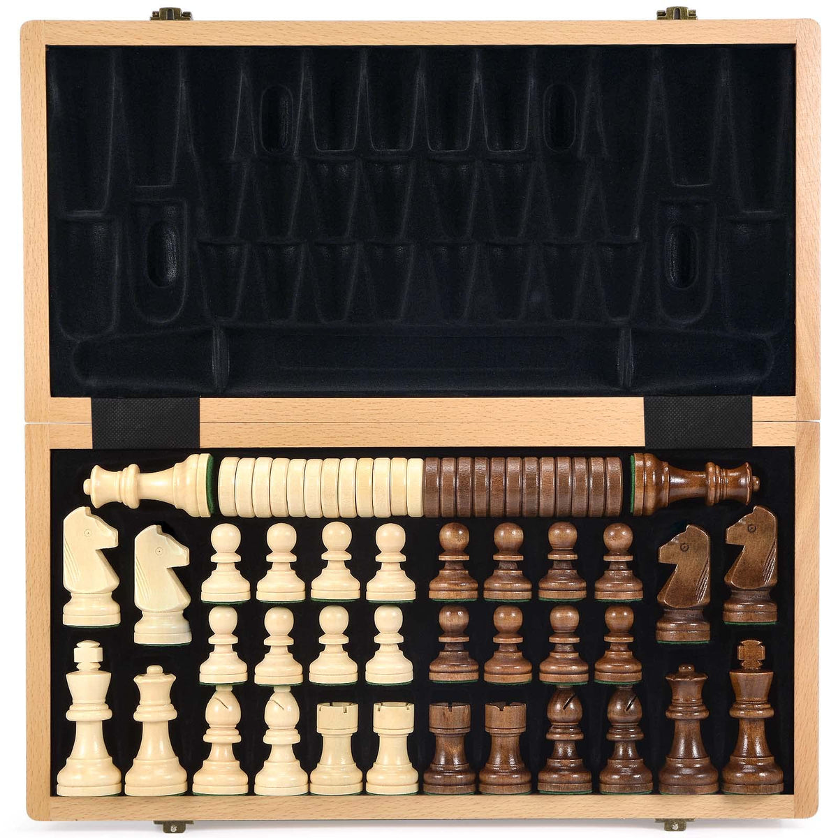 AMEROUS wooden chess board open for classic two-in-one play with smooth piece movement.
