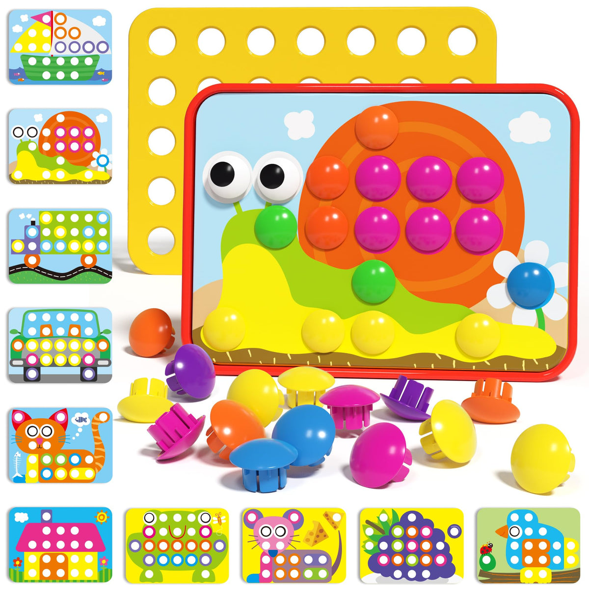 AMOSTING Button Art Toy pegboard with bright buttons for color matching play.