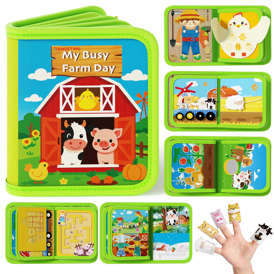 AMOSTING Montessori Busy Book: farm zipper activity supports fine motor skills during quiet play.