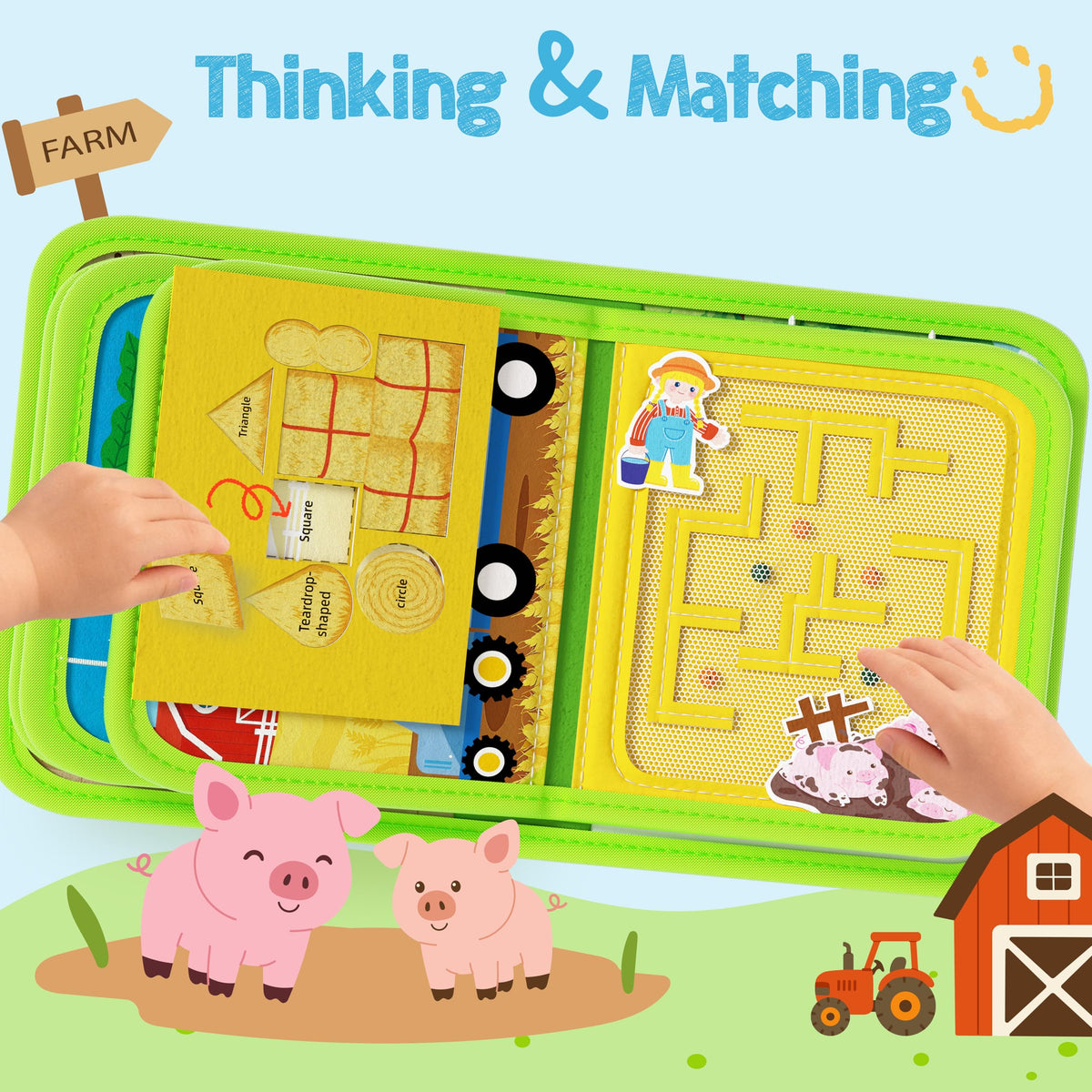 Shape matching and hidden alphabet activities foster problem-solving during play.