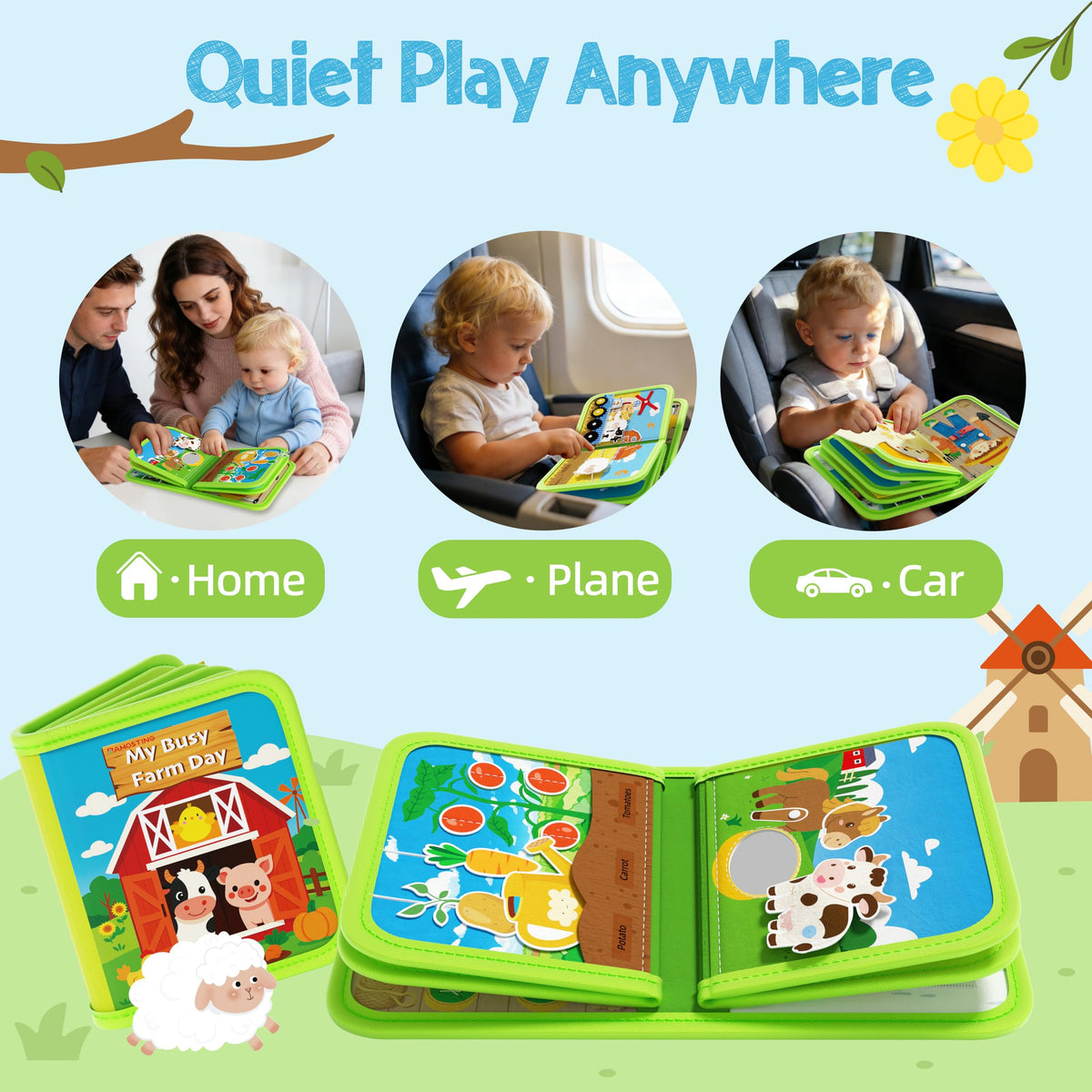 Lightweight design makes AMOSTING Busy Book travel-ready for car trips and flights.