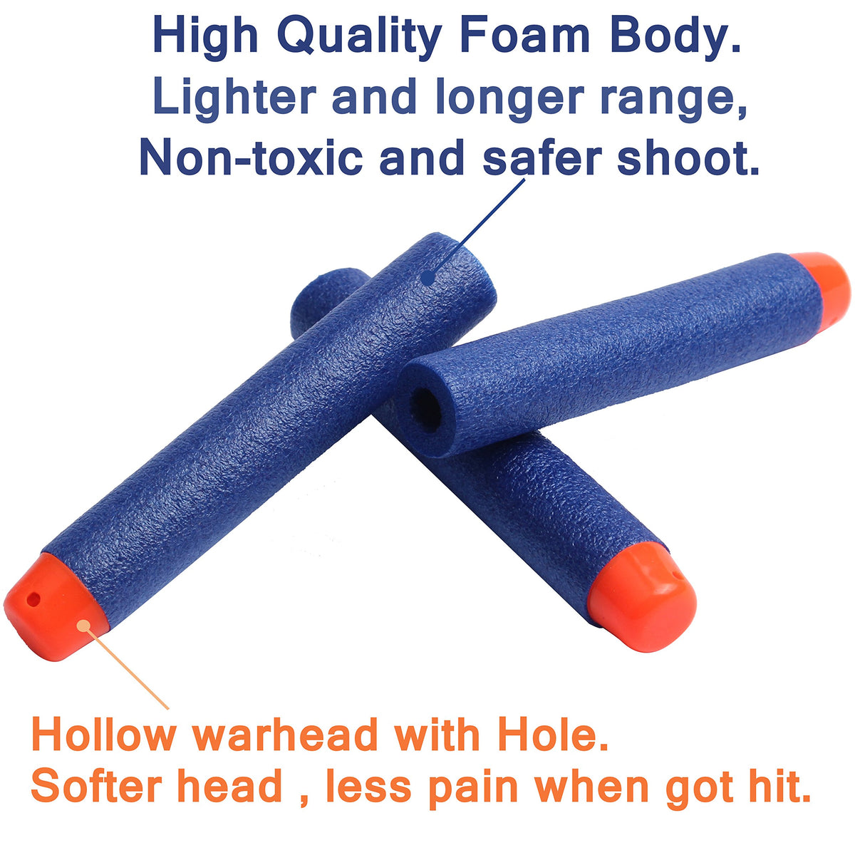 AMOSTING Nerf bullets hollow warhead design improves aerodynamics and reduces impact.