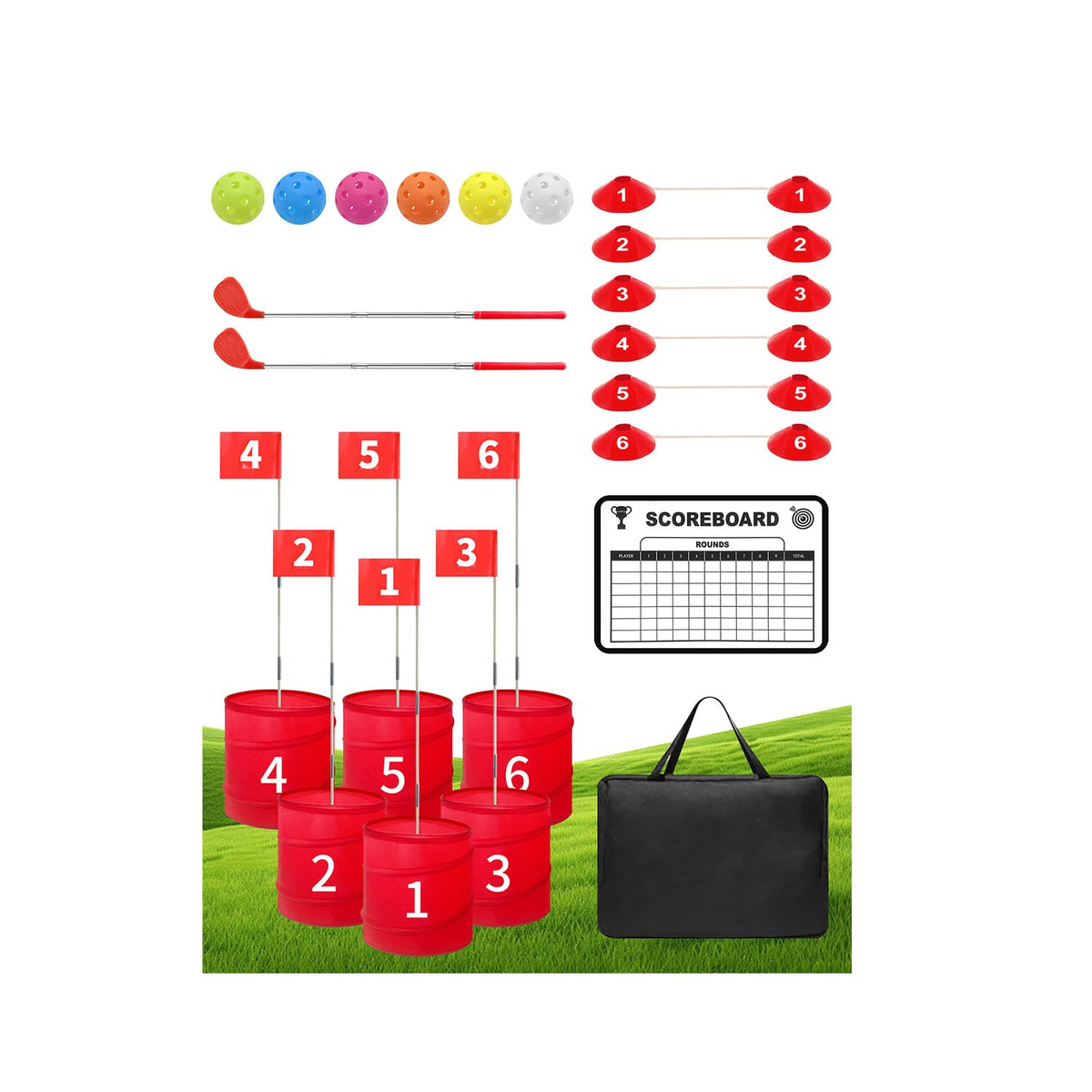Amosua backyard golf game with 6 foldable holes for quick setup and fun.