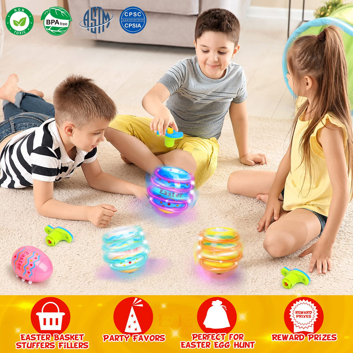 Amoyasite Easter egg spinner with flashing lights enhances party fun.