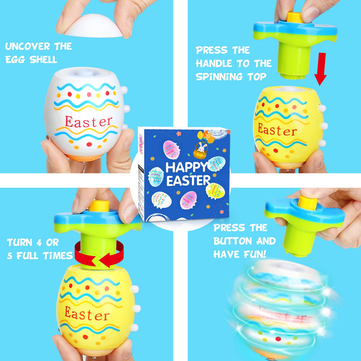 Amoyasite six-pack Easter egg spinners for Easter basket fillers and play.
