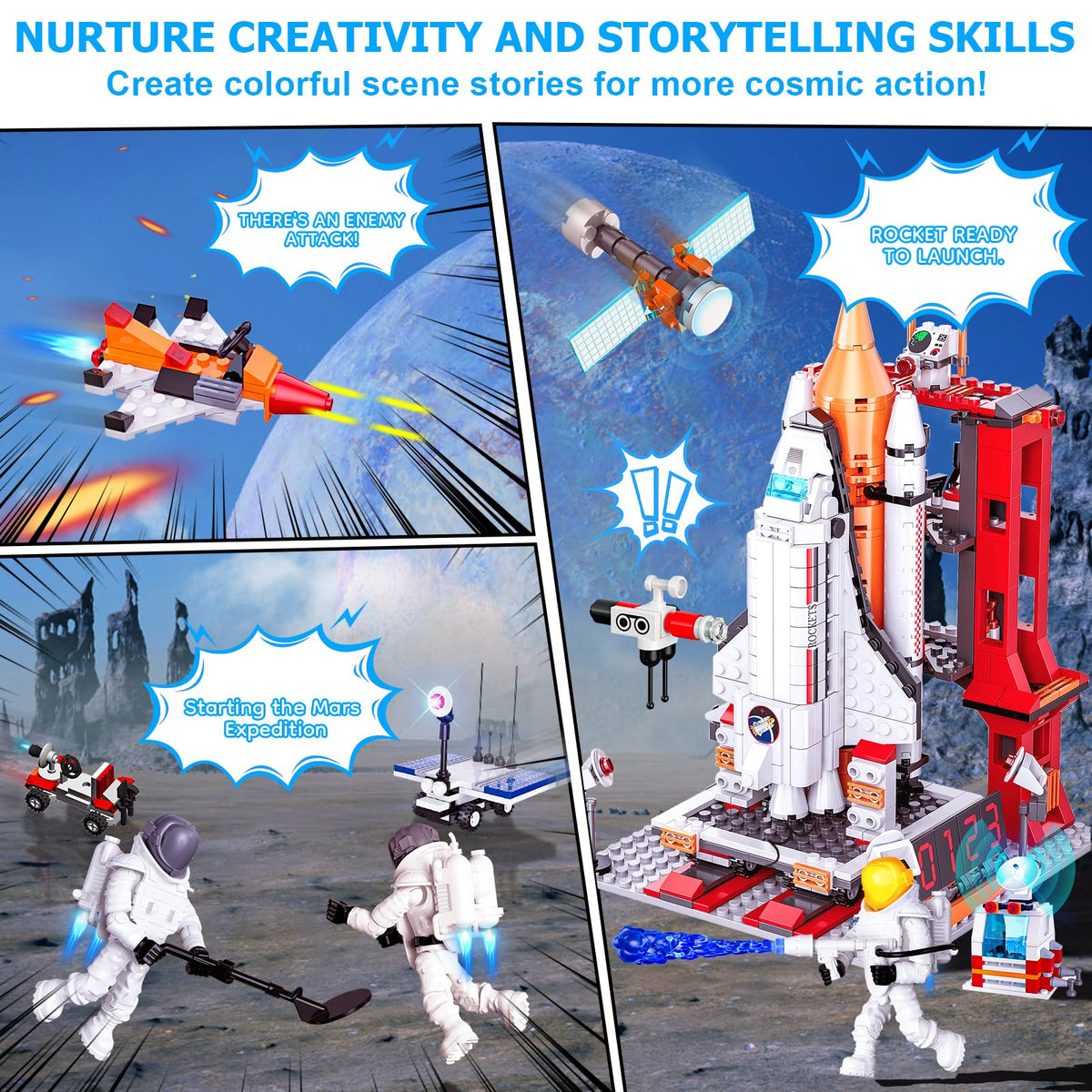 Amoyasite ground platform with vehicles supports transporting astronauts in play.