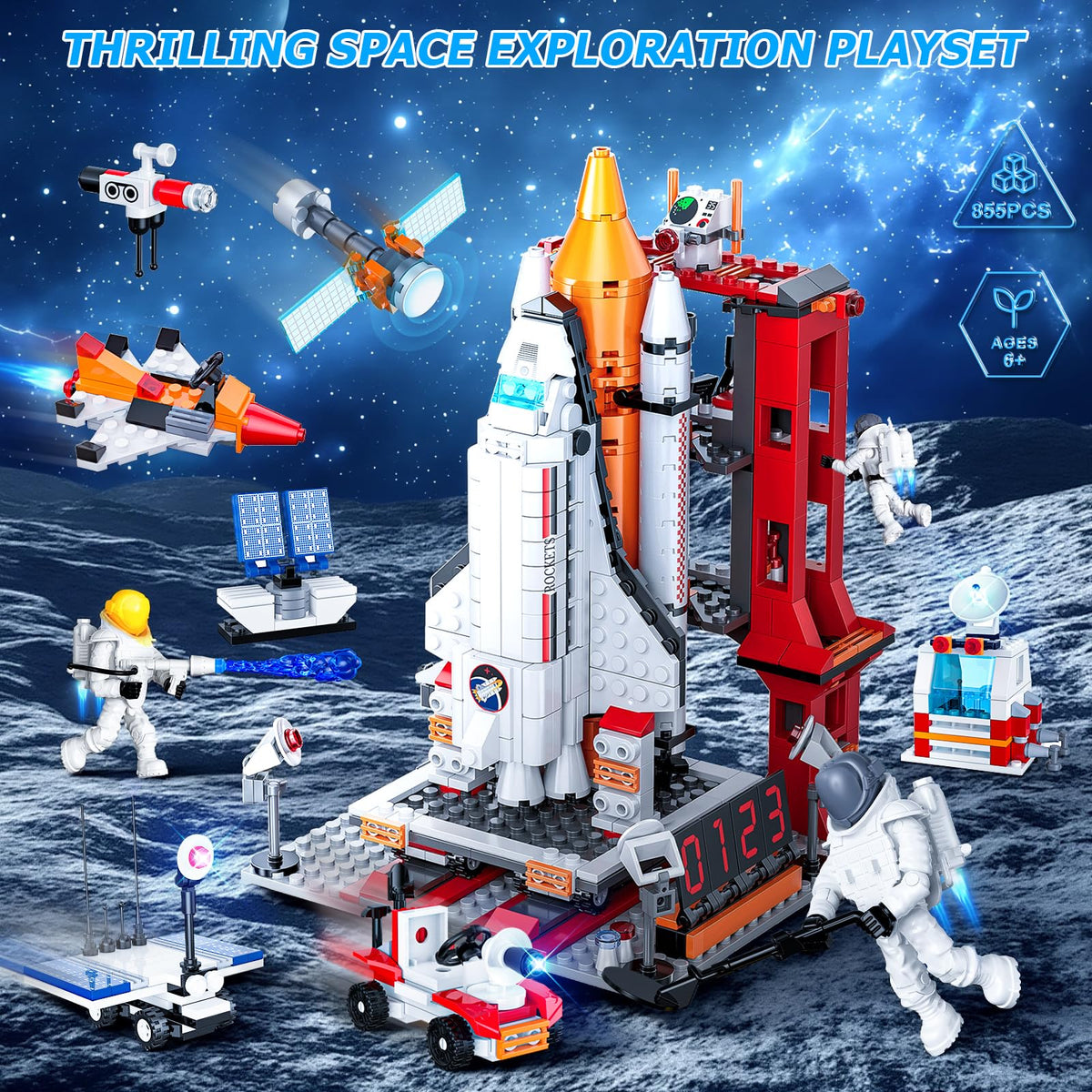 Amoyasite launch tower with rocket assembly for hands-on construction play.
