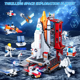 Amoyasite launch tower with rocket assembly for hands-on construction play.