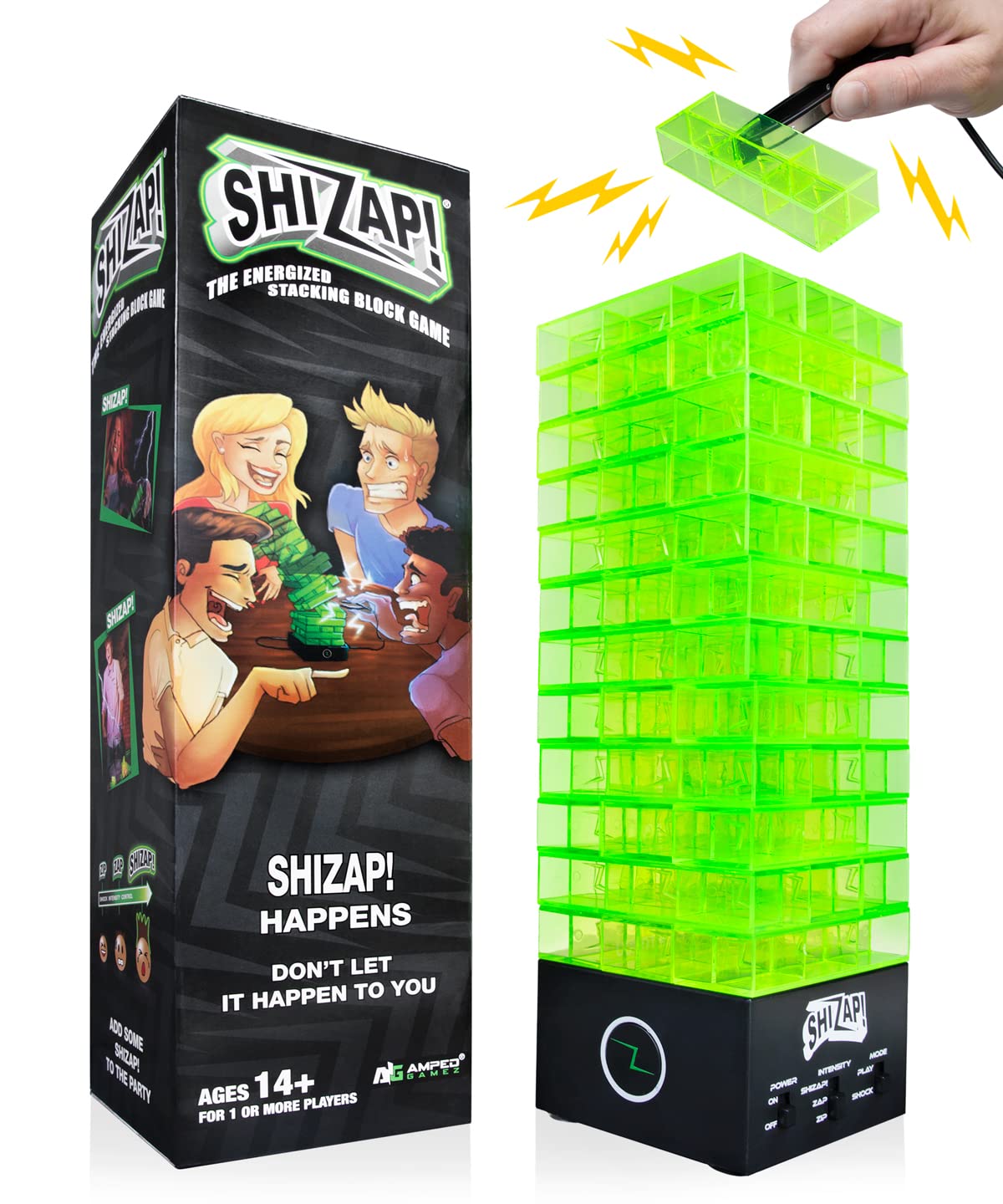 Amped Gamez ShiZap! LED base lights up during a suspenseful party play.